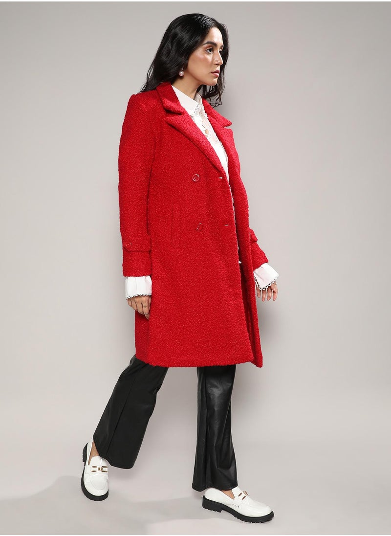 Women's Scarlet Red Double-Breasted Sherpa Long Coat