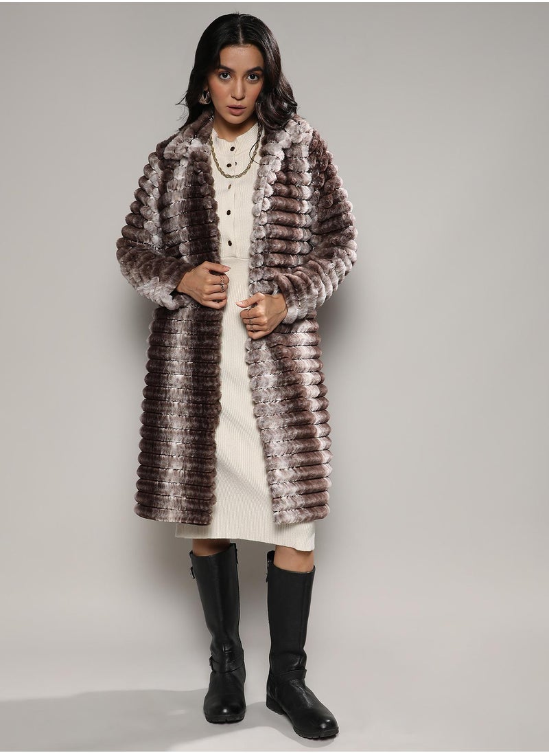 Women's Ivory White & Chocolate White Ombre Ripple Long Coat