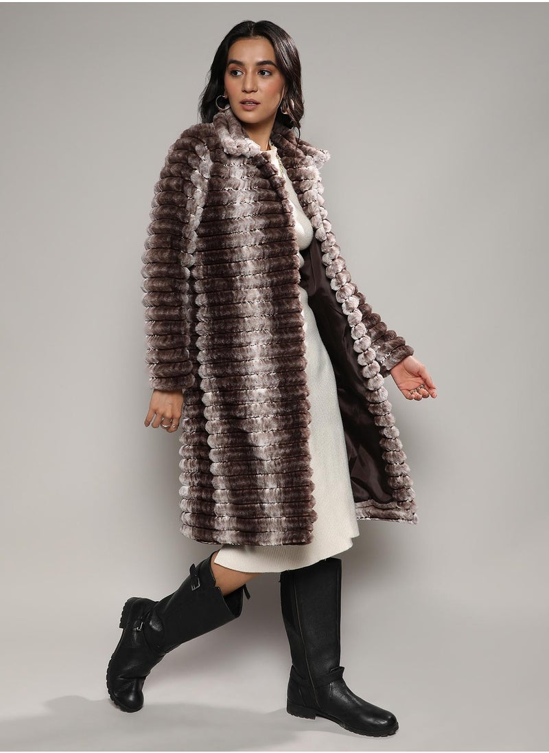 Women's Ivory White & Chocolate White Ombre Ripple Long Coat