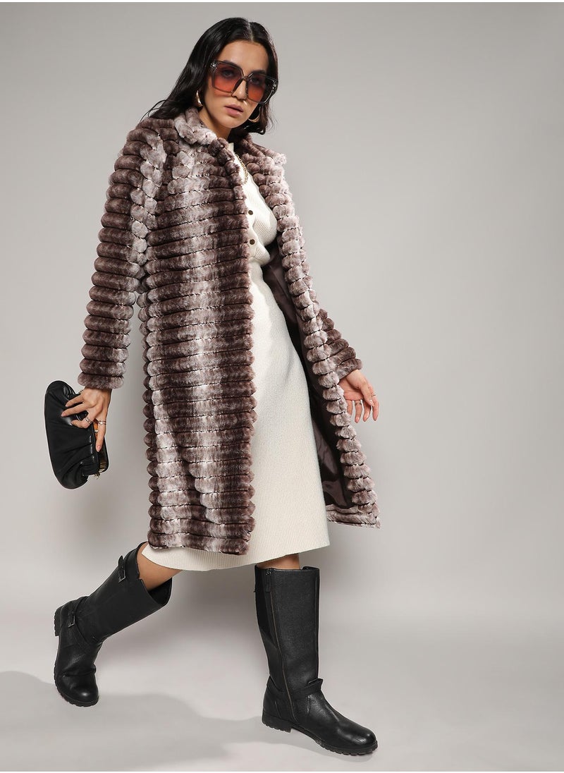 Women's Ivory White & Chocolate White Ombre Ripple Long Coat