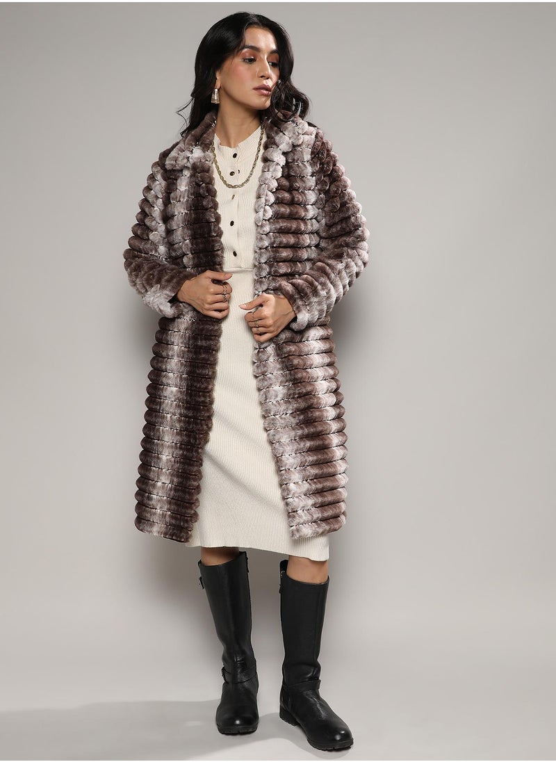 Women's Ivory White & Chocolate White Ombre Ripple Long Coat