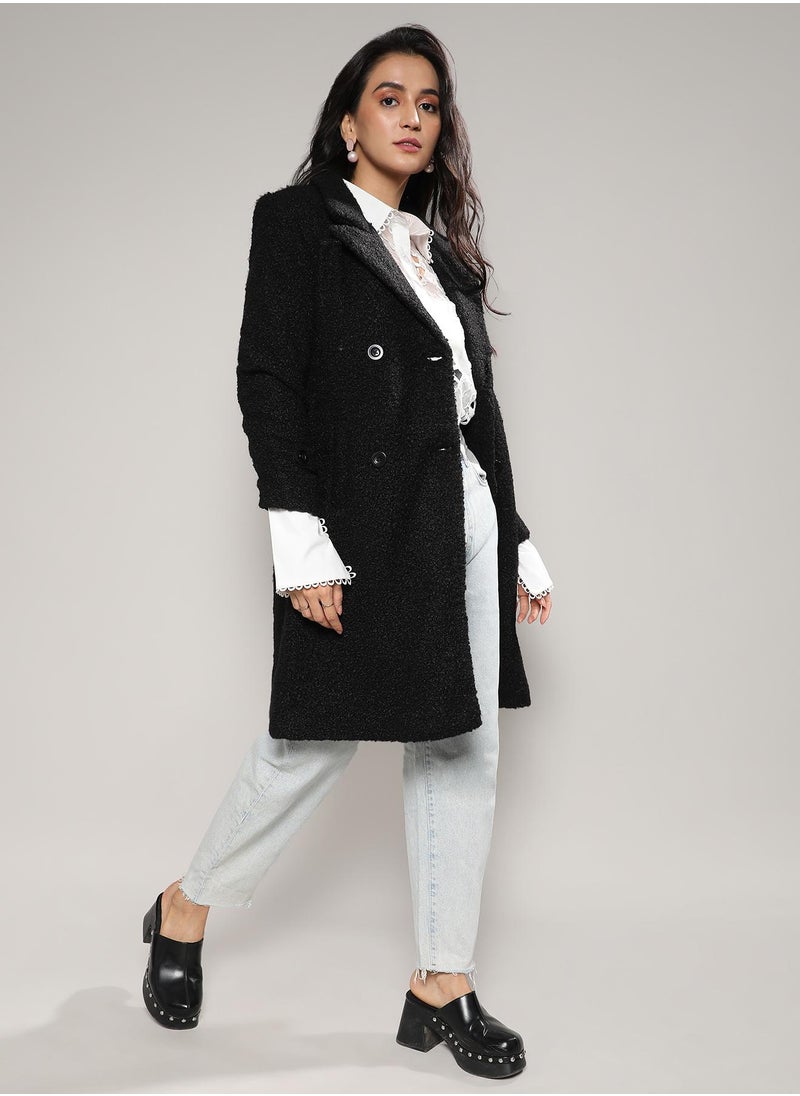 Women's Black Double-Breasted Sherpa Long Coat