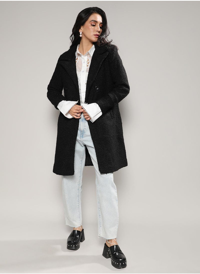 Women's Black Double-Breasted Sherpa Long Coat