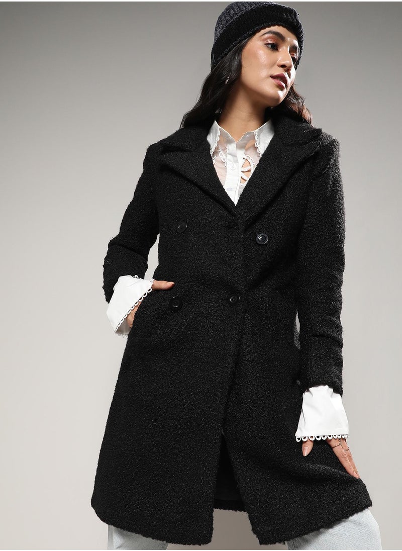 Women's Black Double-Breasted Sherpa Long Coat