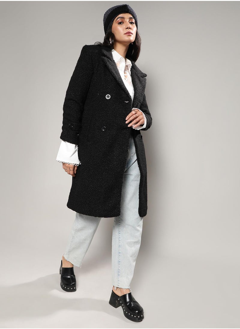 Women's Black Double-Breasted Sherpa Long Coat