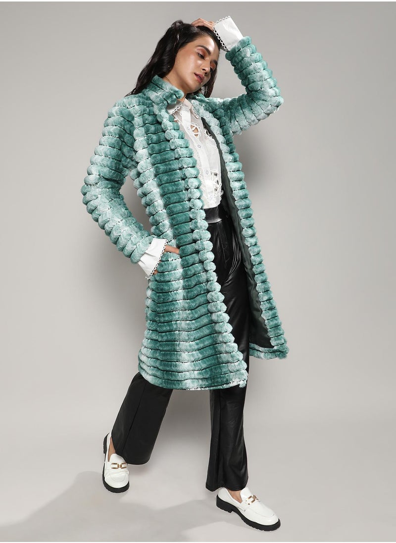 Women's Ivory White & Forest Green Ombre Ripple Long Coat