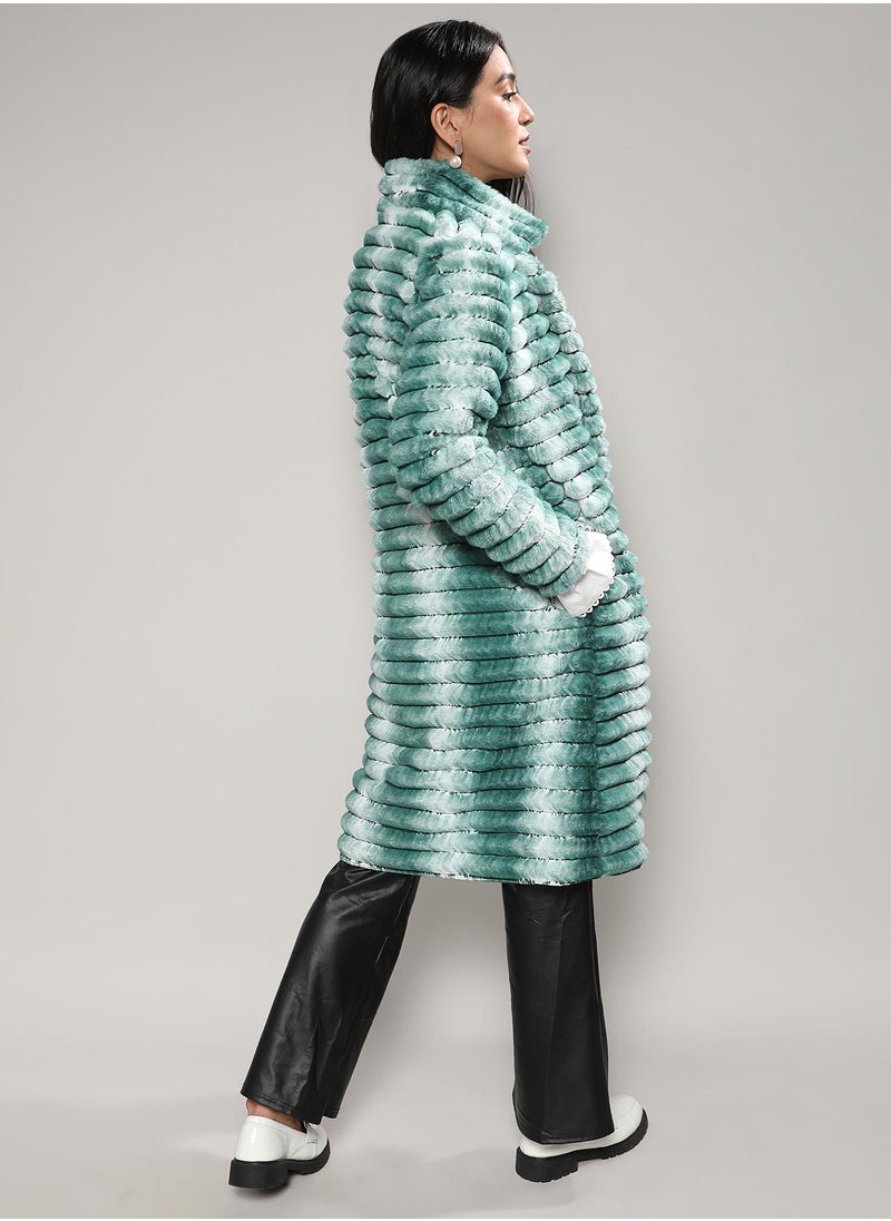 Women's Ivory White & Forest Green Ombre Ripple Long Coat