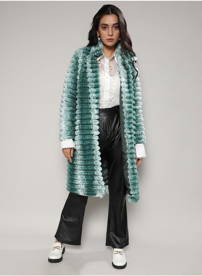 Women's Ivory White & Forest Green Ombre Ripple Long Coat