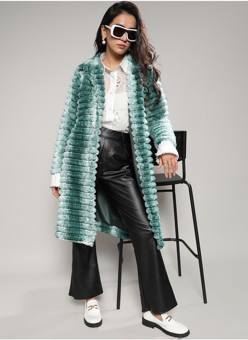 Women's Ivory White & Forest Green Ombre Ripple Long Coat