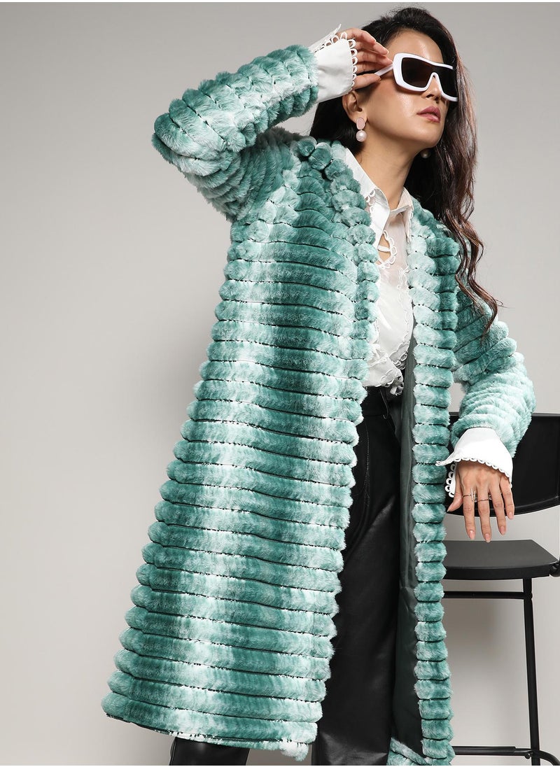 Women's Ivory White & Forest Green Ombre Ripple Long Coat