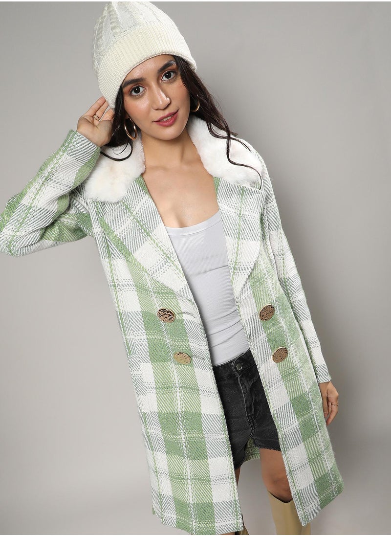 Women's Pistachio Green Fleece Tartan Plaid Long Coat