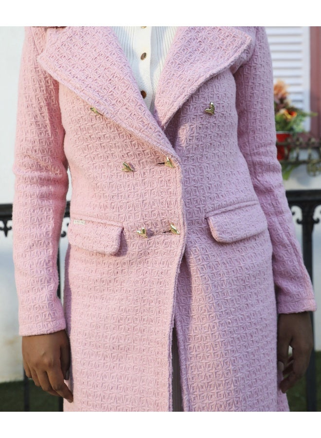 Women's Blush Pink Double-Breasted Self-Design Long Coat