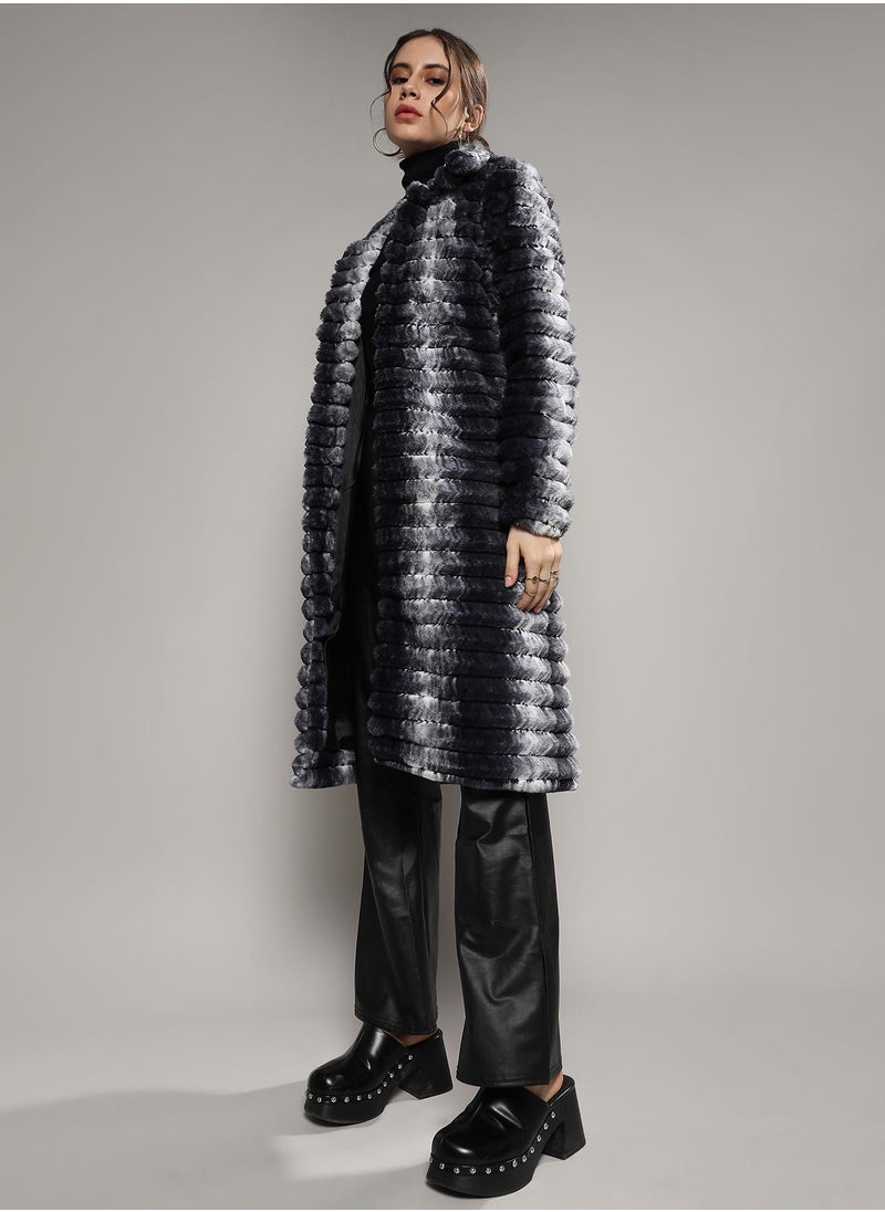 Women's Ivory White & Carbon Black Ombre Ripple Long Coat