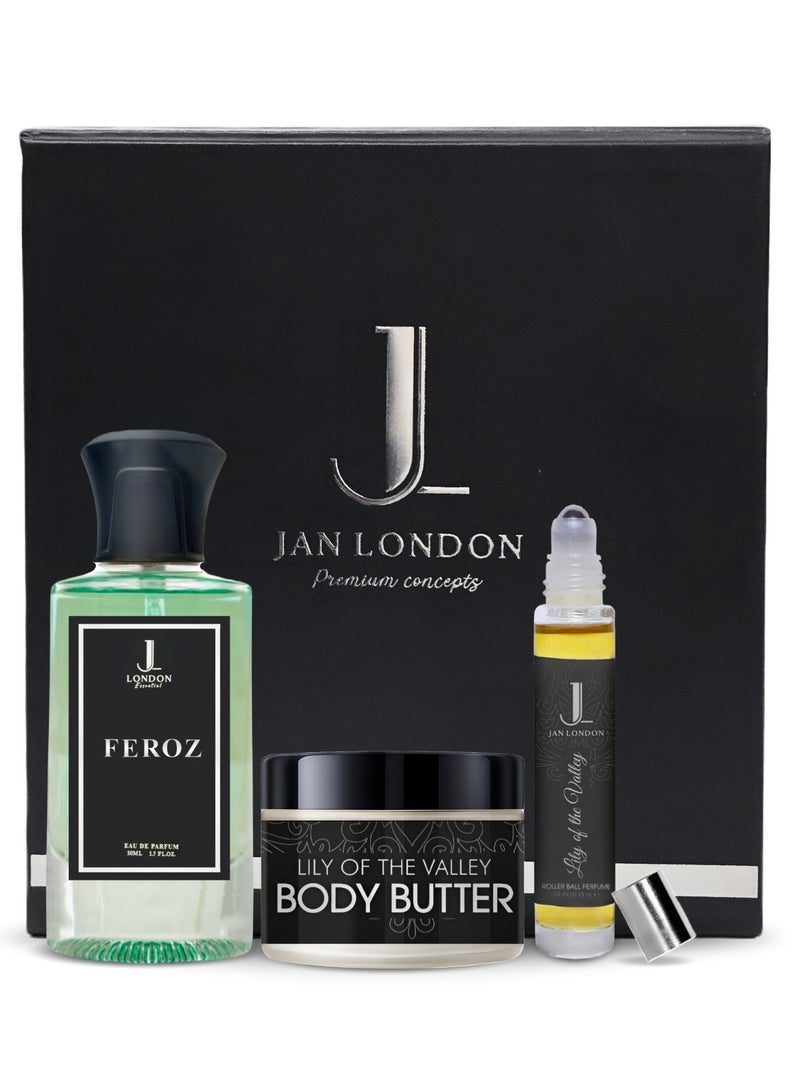 JAN LONDON Premium Concepts Gift Set: Luxurious FEROZ EDP Perfume 50ml, Portable Roll on Attar 10ml, Lily of the Valley Body Butter 50ml – The Ultimate Fragrance and Skincare Experience