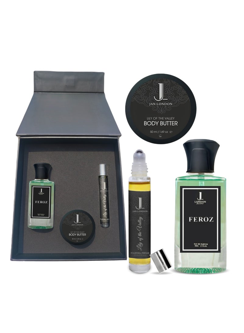 JAN LONDON Premium Concepts Gift Set: Luxurious FEROZ EDP Perfume 50ml, Portable Roll on Attar 10ml, Lily of the Valley Body Butter 50ml – The Ultimate Fragrance and Skincare Experience