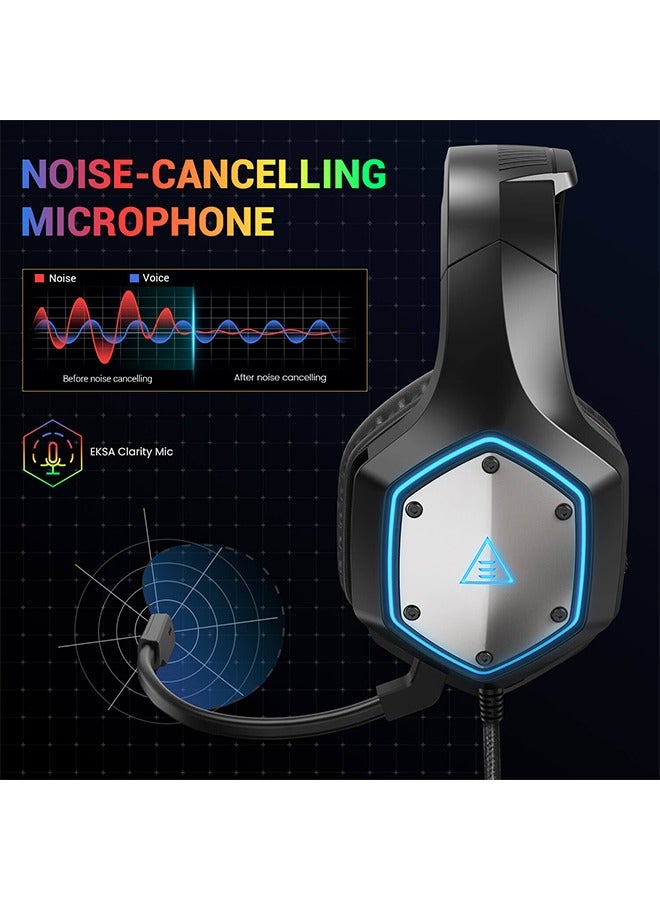 E1000 V2 Gaming Headset,PC Headset with USB C Plug, Wired Headphones with Noise Canceling Microphone,7.1 Surround Sound, RGB Light,include USB Adapter for Computer,Mac,PS4/PS5 Console,Laptop