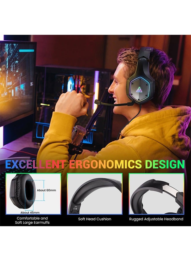 E1000 V2 Gaming Headset,PC Headset with USB C Plug, Wired Headphones with Noise Canceling Microphone,7.1 Surround Sound, RGB Light,include USB Adapter for Computer,Mac,PS4/PS5 Console,Laptop