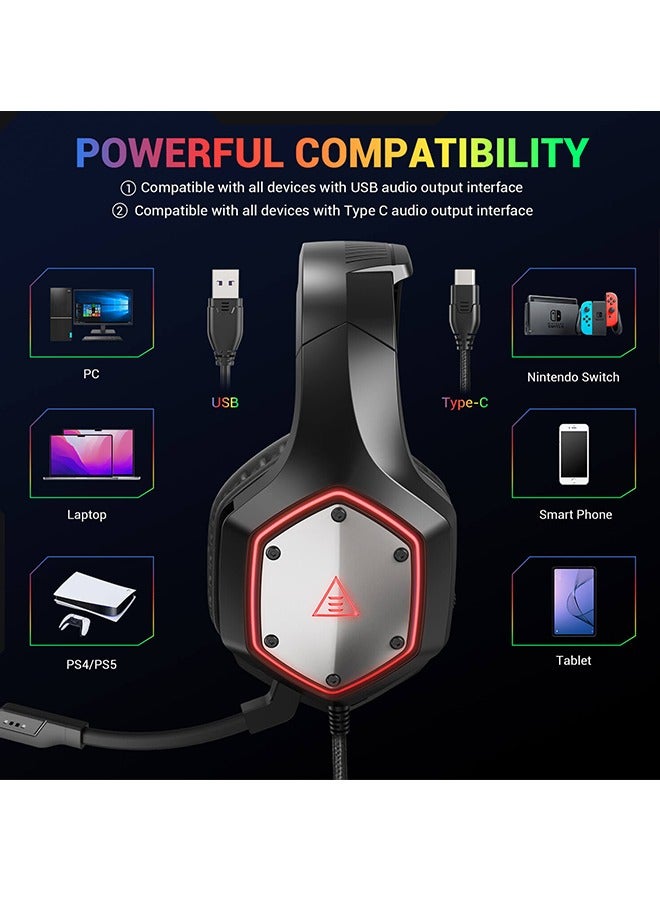 E1000 V2 Gaming Headset,PC Headset with USB C Plug, Wired Headphones with Noise Canceling Microphone,7.1 Surround Sound, RGB Light,include USB Adapter for Computer,Mac,PS4/PS5 Console,Laptop