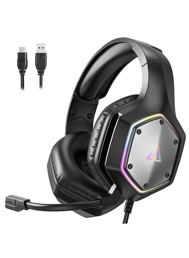 E1000 V2 Gaming Headset,PC Headset with USB C Plug, Wired Headphones with Noise Canceling Microphone,7.1 Surround Sound, RGB Light,include USB Adapter for Computer,Mac,PS4/PS5 Console,Laptop