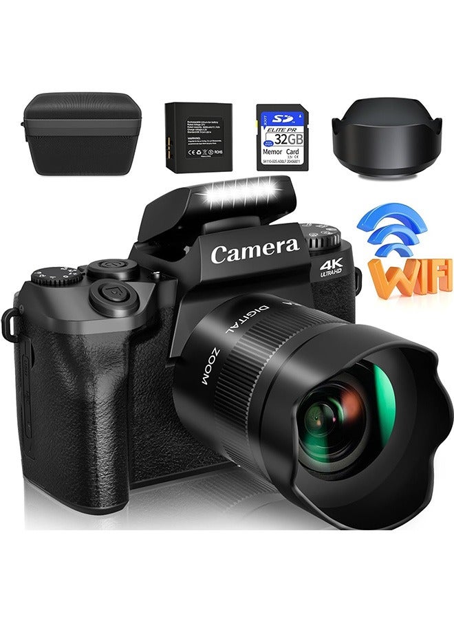 Digital Camera, 4k Cameras for Photography & Video, 64MP WiFi Touch Screen Vlogging Camera for YouTube with Flash, 32GB SD Card, Lens Hood, 3000mAH Battery, Front and Rear Cameras - Black