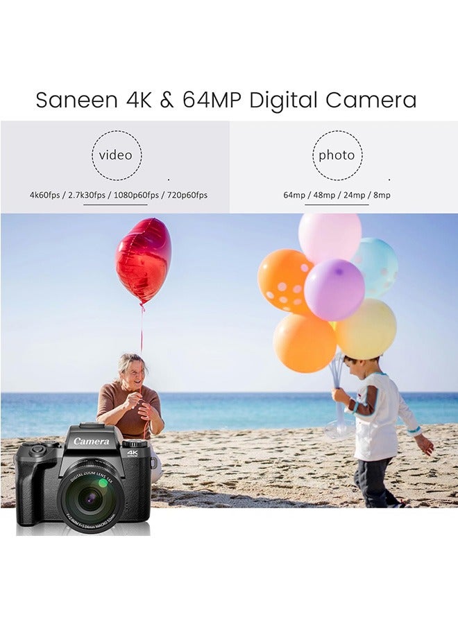 Digital Camera, 4k Cameras for Photography & Video, 64MP WiFi Touch Screen Vlogging Camera for YouTube with Flash, 32GB SD Card, Lens Hood, 3000mAH Battery, Front and Rear Cameras - Black