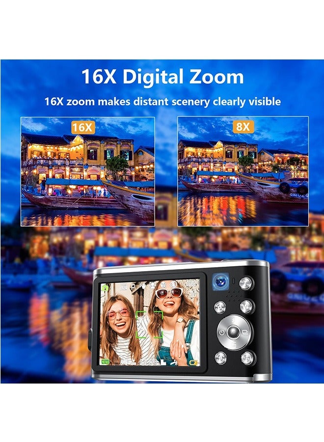 Digital Camera, Auto Focus FHD 4K Vlogging Camera with Dual Camera 48MP 16X Digital Zoom Kids Compact Camera with 32GB Memory Card Portable Point and Shoot Cameras for Teens Beginner Adult