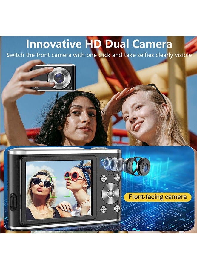 Digital Camera, Auto Focus FHD 4K Vlogging Camera with Dual Camera 48MP 16X Digital Zoom Kids Compact Camera with 32GB Memory Card Portable Point and Shoot Cameras for Teens Beginner Adult