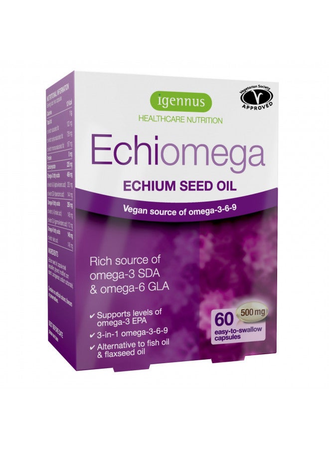 Echiomega Vegan Triple Omega 3 6 9 500 mg, Echium Seed Oil, EFA Supplement for Women with GLA, 60 Softgels