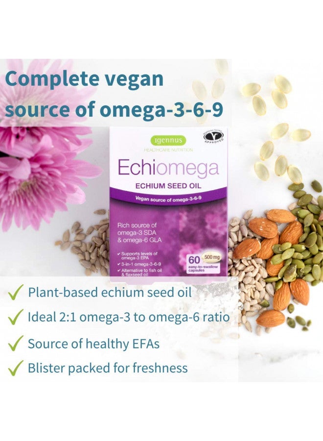 Echiomega Vegan Triple Omega 3 6 9 500 mg, Echium Seed Oil, EFA Supplement for Women with GLA, 60 Softgels