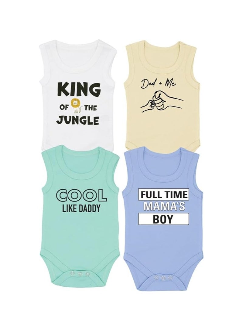 Sleeveless Baby Romper Set for Boys - Pack of 4 Soft Cotton Rompers - Cute Outfits for Newborns and Toddlers with Snap Closure - Gift for Baby Boys