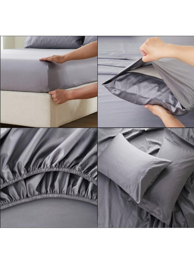 100% Cotton 80X80S/400Tc Luxury Bed Sheet Set With 1 Flat Sheet, 1 Fitted Sheet, 1 Pillowcase (Light Grey, Single 3Pieces)