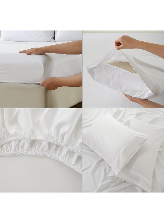 100% Cotton 80X80S/400Tc Luxury Bed Sheet Set With 1 Flat Sheet, 1 Fitted Sheet, 2 Pillowcases (White, Super King 4Pieces)