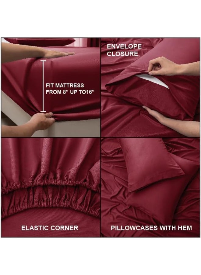 Bedding Super King Bed Sheets Set -4 Piece Bedding - Brushed Microfiber And Fade Resistant -Easy Care (Burgandy, Super King)