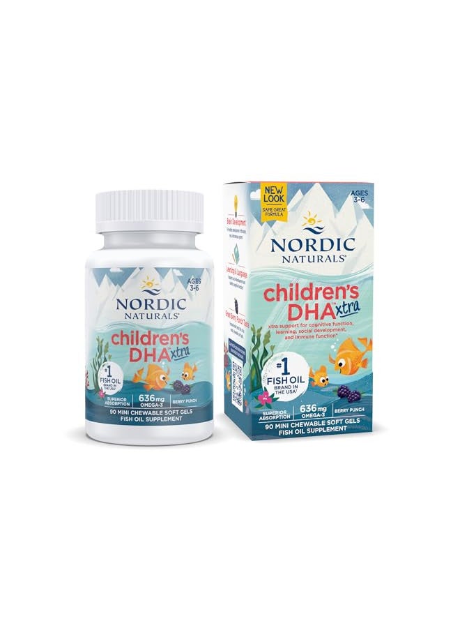 Nordic Naturals Childrens DHA Xtra, Berry Punch - 90 Mini Chewable Soft Gels for Kids - 636 mg Omega-3s EPA & DHA - Cognitive & Immune Function, Learning, Social Development - Non-GMO - 30 Servings