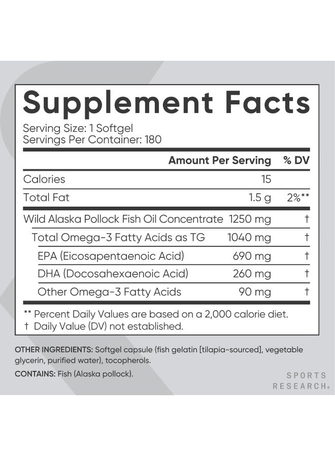 Sports Research Triple Strength Omega 3 Fish Oil - Burpless Fish Oil Supplement w/EPA & DHA Fatty Acids from Wild Alaskan Pollock - Heart, Brain & Immune Support for Men & Women - 1250 mg, 180 ct