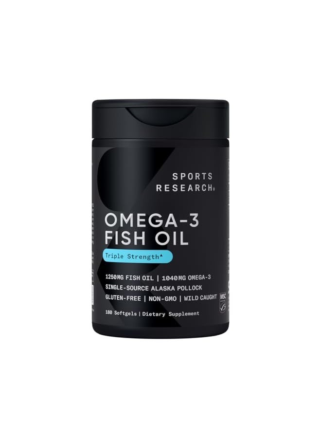 Sports Research Triple Strength Omega 3 Fish Oil - Burpless Fish Oil Supplement w/EPA & DHA Fatty Acids from Wild Alaskan Pollock - Heart, Brain & Immune Support for Men & Women - 1250 mg, 180 ct