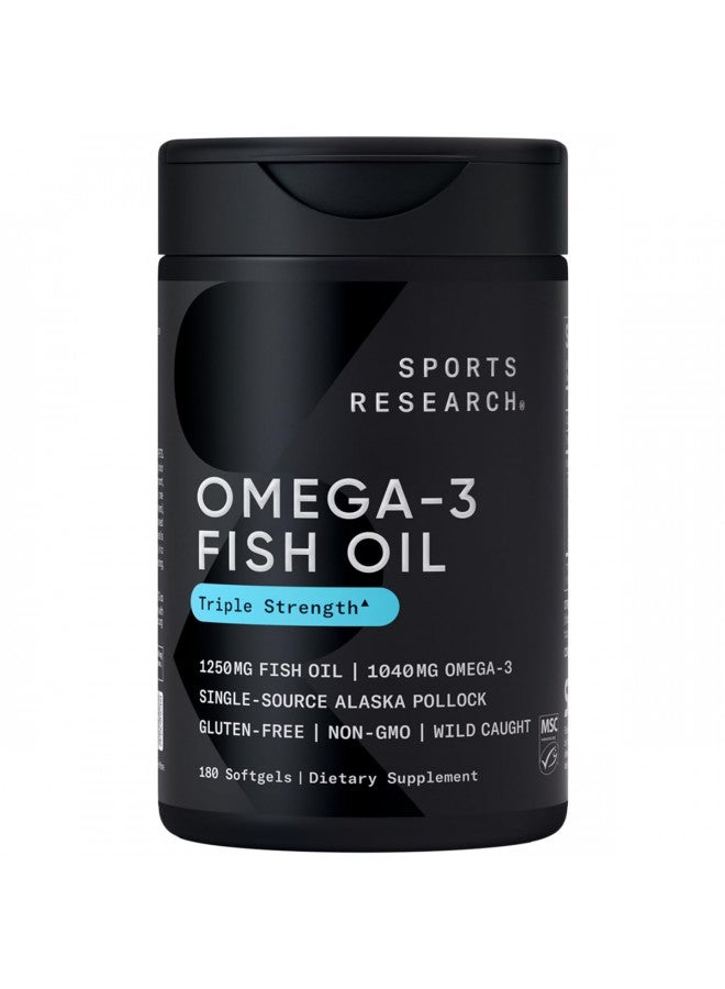 Sports Research Triple Strength Omega 3 Fish Oil - Burpless Fish Oil Supplement w/EPA & DHA Fatty Acids from Wild Alaskan Pollock - Heart, Brain & Immune Support for Men & Women - 1250 mg, 180 ct