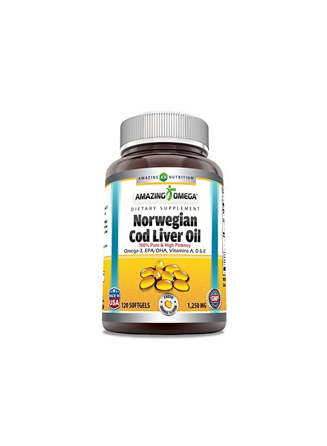 Amazing Omega Norwegian Cod Liver Oil 1250 mg 120 Softgels Supplement (Fresh Orange Flavor)