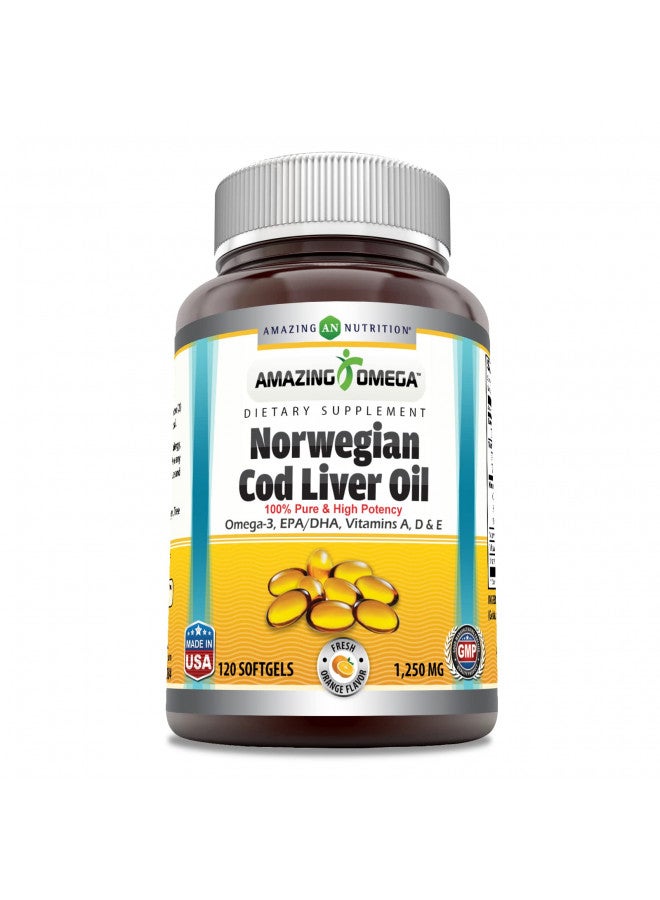 Amazing Omega Norwegian Cod Liver Oil 1250 mg 120 Softgels Supplement (Fresh Orange Flavor)