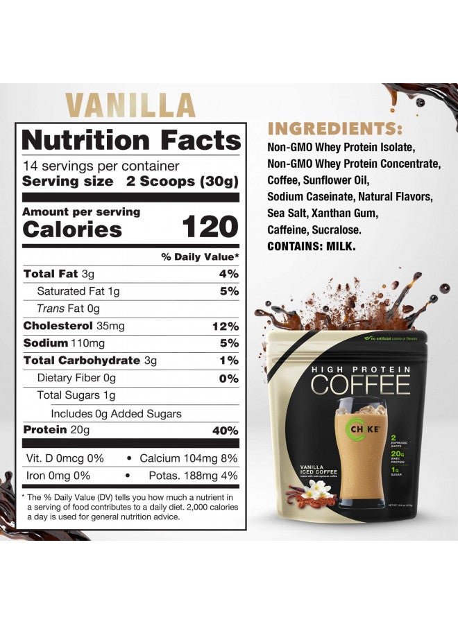 Chike Vanilla High Protein Iced Coffee, 20 G Protein, 2 Shots Espresso, 1 G Sugar, Keto Friendly and Gluten Free, 14 Servings (16 Ounce)