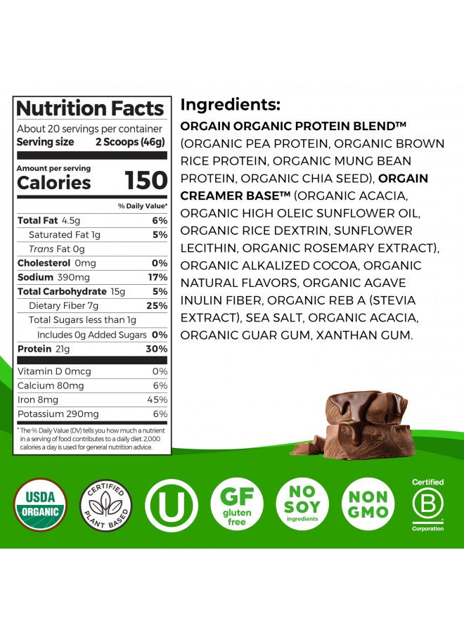 Orgain Organic Vegan Protein Powder, Creamy Chocolate Fudge - 21g Of Plant Based Protein, Low Net Carbs, Non Dairy, Gluten Free, No Sugar Added, Soy Free, Kosher, Non-GMO, 2.03 Lb (Packaging May Vary)