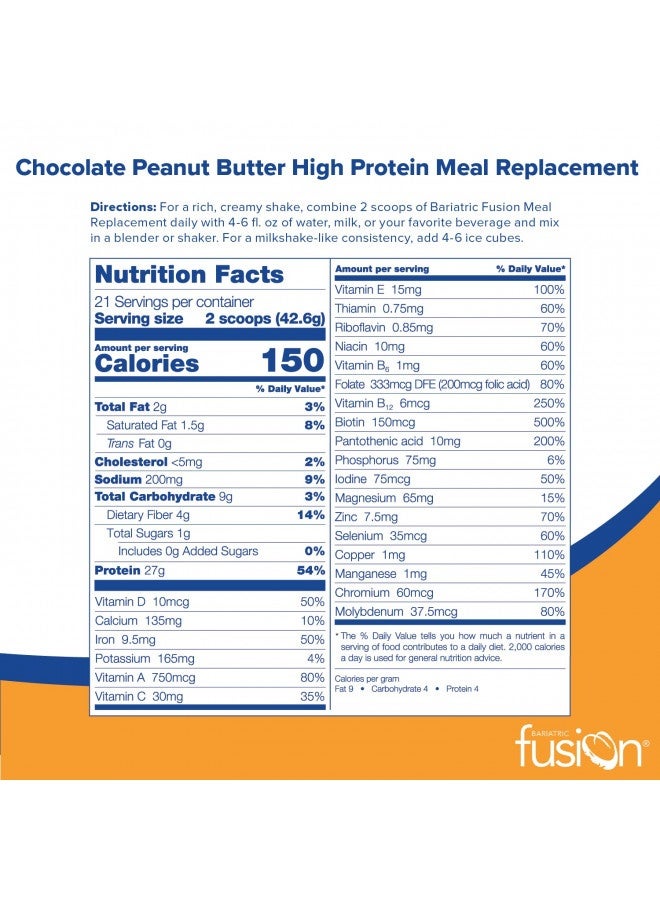 Bariatric Fusion Chocolate Peanut Butter Meal Replacement 27g Protein Powder, 21 Serving Tub for Bariatric Surgery Patients Including Gastric Bypass and Sleeve Gastrectomy - No Gluten, Aspartame or Sugar