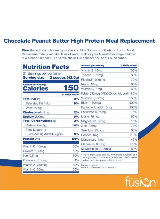 Bariatric Fusion Chocolate Peanut Butter Meal Replacement 27g Protein Powder, 21 Serving Tub for Bariatric Surgery Patients Including Gastric Bypass and Sleeve Gastrectomy - No Gluten, Aspartame or Sugar
