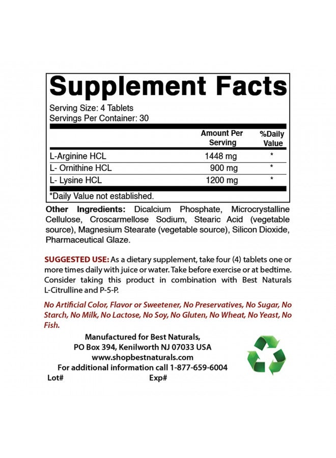 Best Naturals Tri-Amino with L-Arginine, L-Ornithine, L-Lysine 120 Tablets (New Improved Formula)