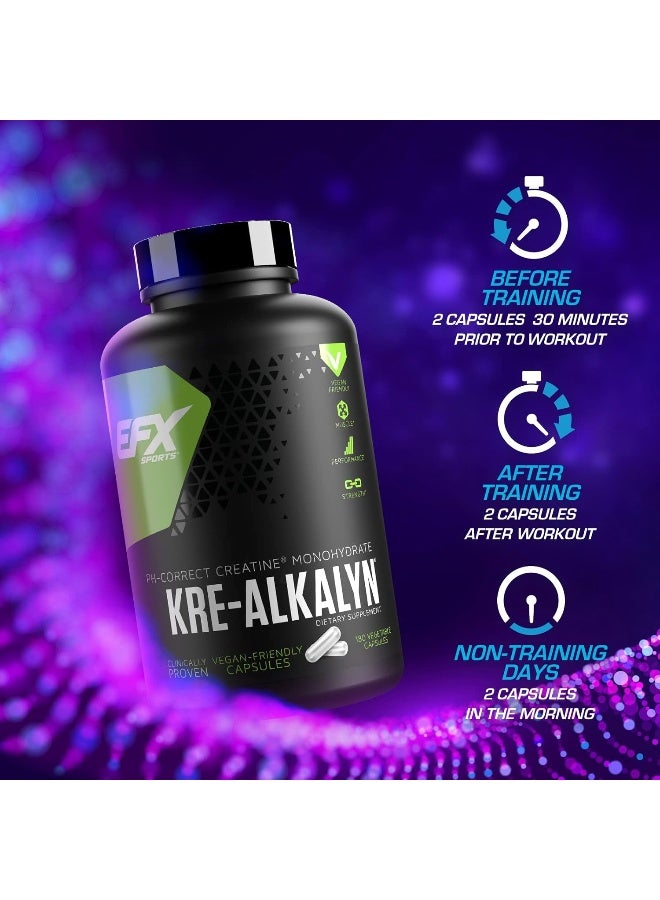 EFX Sports Kre-Alkalyn EFX | pH Correct Creatine Monohydrate Pill Supplement | Vegan Friendly | Strength & Muscle Growth | 90 servings, 180 Veggie Capsules