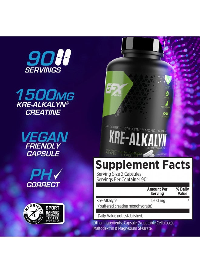 EFX Sports Kre-Alkalyn EFX | pH Correct Creatine Monohydrate Pill Supplement | Vegan Friendly | Strength & Muscle Growth | 90 servings, 180 Veggie Capsules