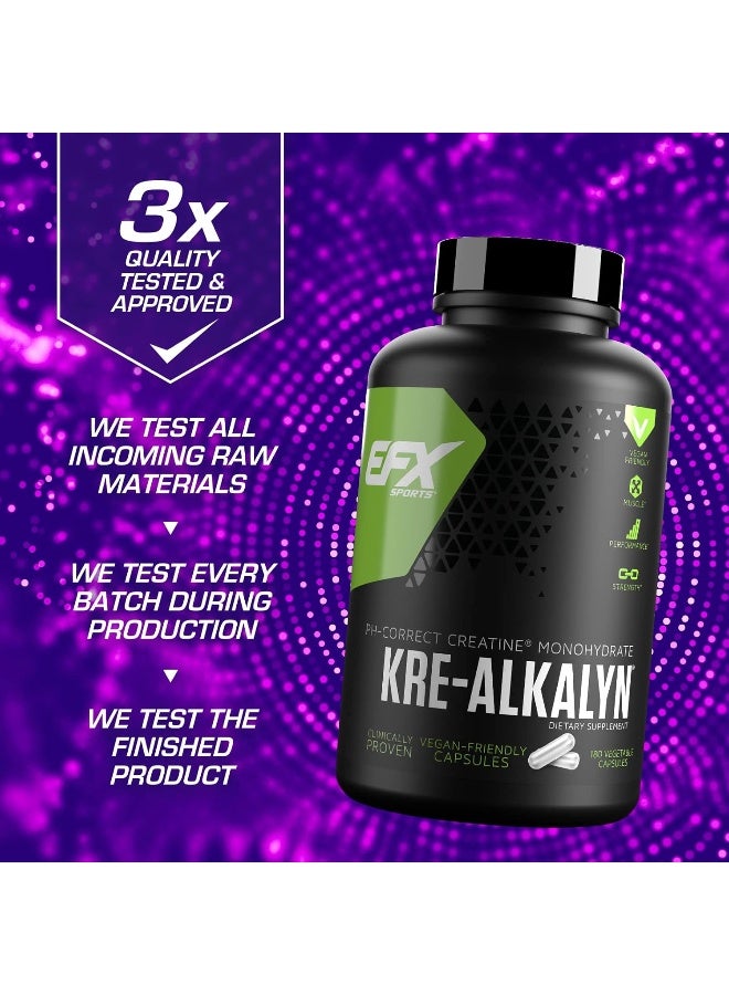 EFX Sports Kre-Alkalyn EFX | pH Correct Creatine Monohydrate Pill Supplement | Vegan Friendly | Strength & Muscle Growth | 90 servings, 180 Veggie Capsules