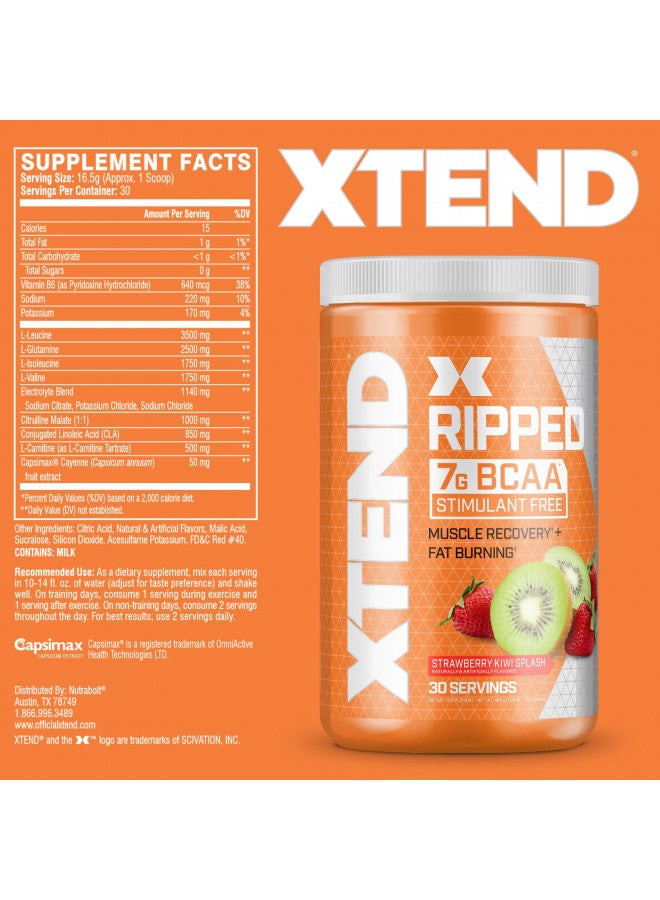 XTEND Ripped BCAA Powder Strawberry Kiwi | Cutting Formula + Sugar Free Post Workout Muscle Recovery Drink with Amino Acids | 7g BCAAs for Men & Women | 30 Servings