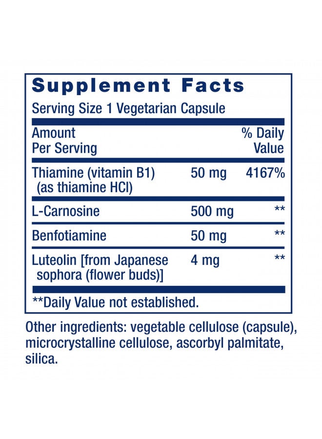 Life Extension Super Carnosine 500mg - For Muscle Recovery - L-Carnosine Supplement with Benfotiamine, Vitamin B1, Luteolin For Healthy Aging - Non-GMO, Gluten-Free - 60 Vegetarian Capsules