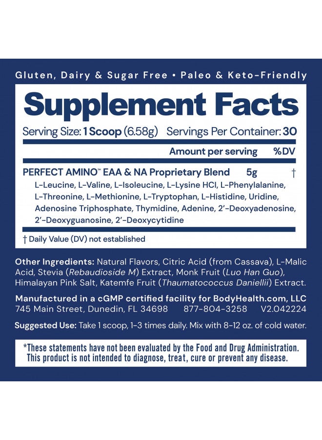 BodyHealth PerfectAmino Powder Mixed Berry (30 Servings) Best Pre/Post Workout Recovery Drink, 8 Essential Amino Acids Energy Supplement with 50% BCAAs, 100% Organic, 99% Utilization